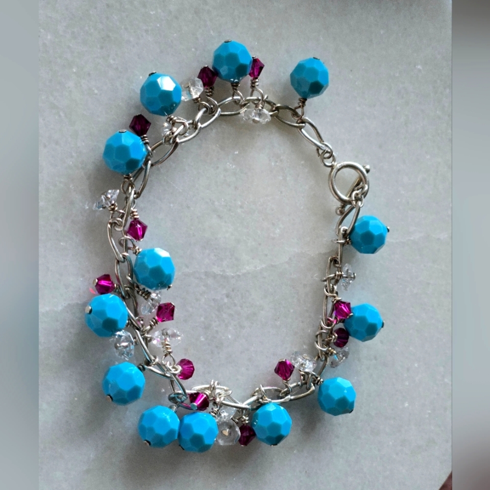 Elegant Silver 925Cha Cha Bracelet with Turquise Blue and Purple Faucet Beads
